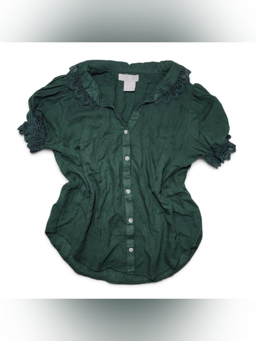 Forest Green Lace Baby Doll Sleeved Button Up Blouse